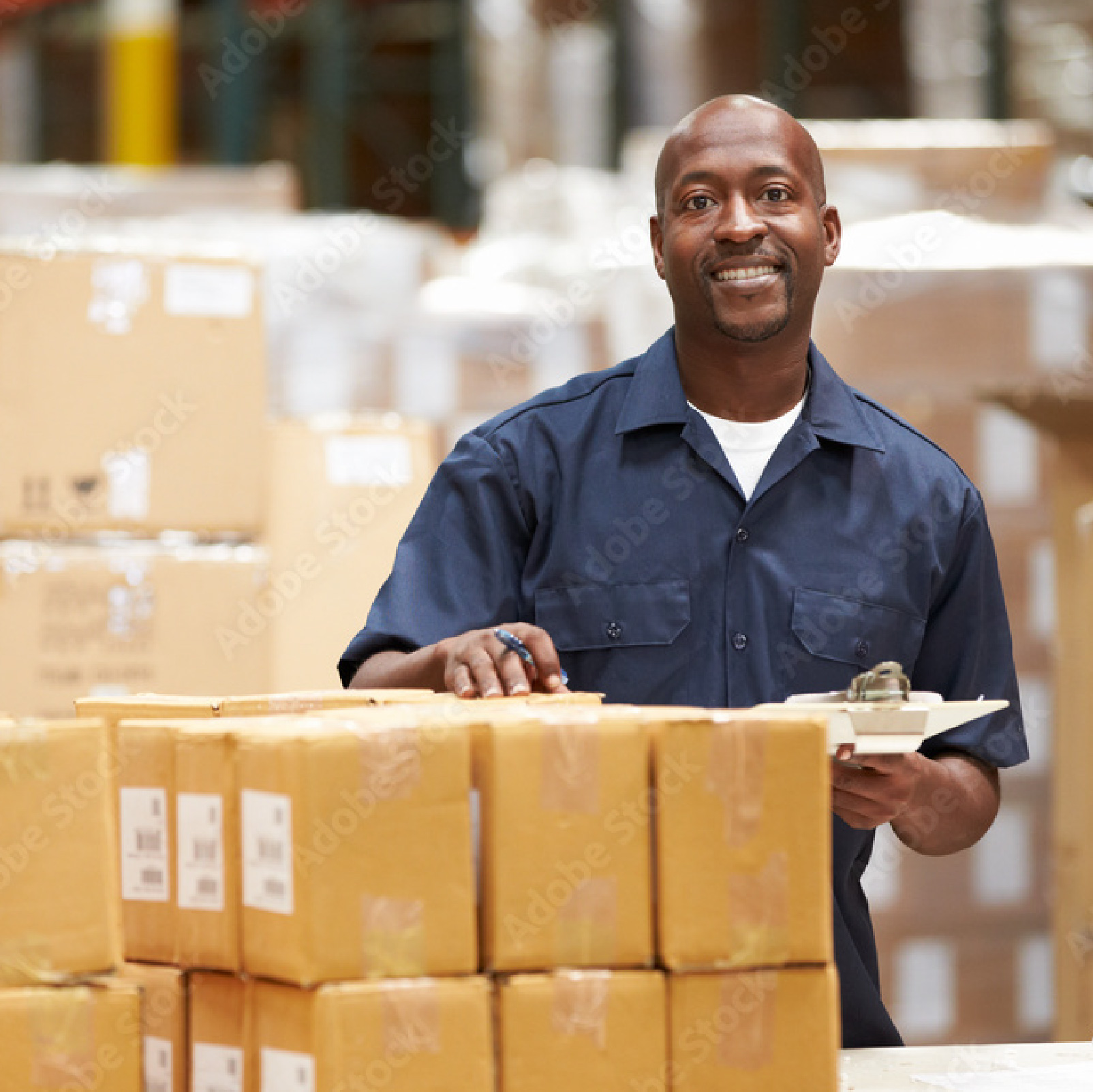 Warehouse worker standing behind stacked boxes