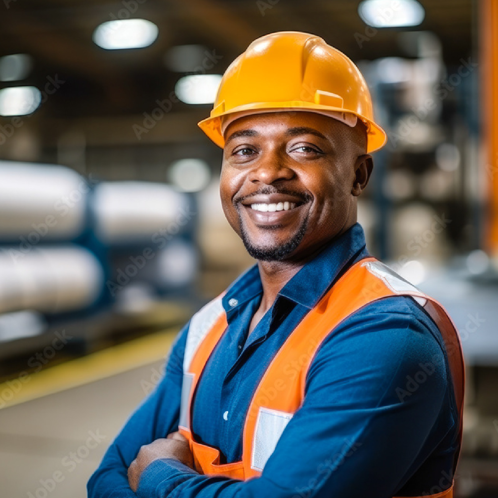 Smiling worker wearing an orange hard hat